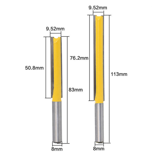 Extended straight router bit, 3/8 inch cutter, 8 mm shank