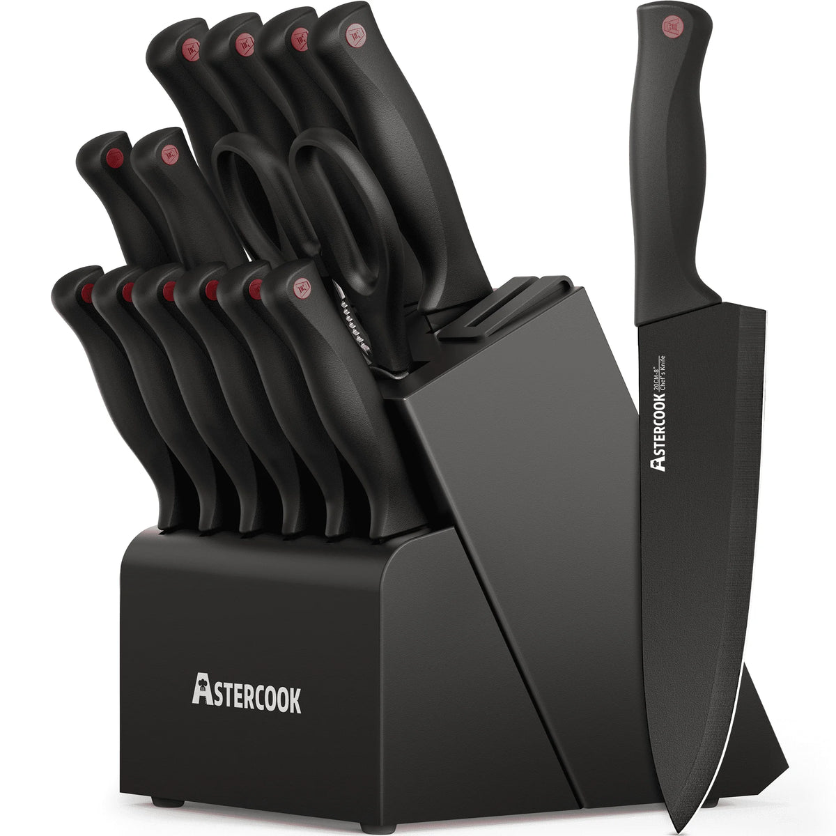 Astercook 15-Piece Kitchen Knife Set with Sharpener, Black