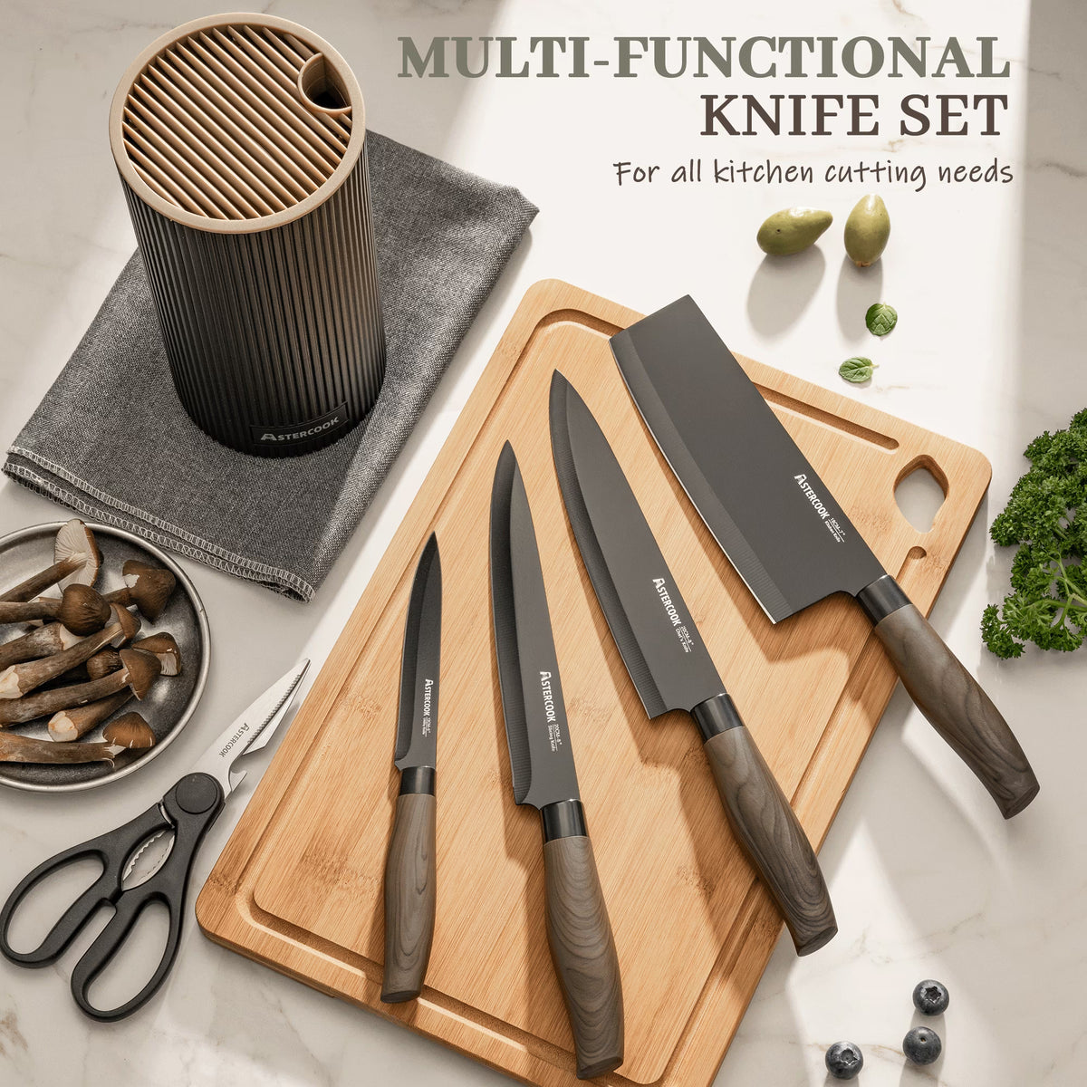 Astercook 6-Piece Kitchen Knife Set with Block, Black