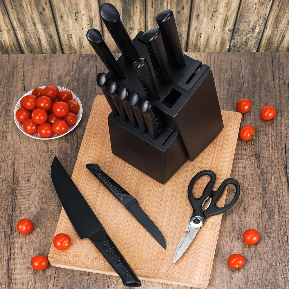 NULAS 14-Piece Stainless Steel Kitchen Knife Set, Black