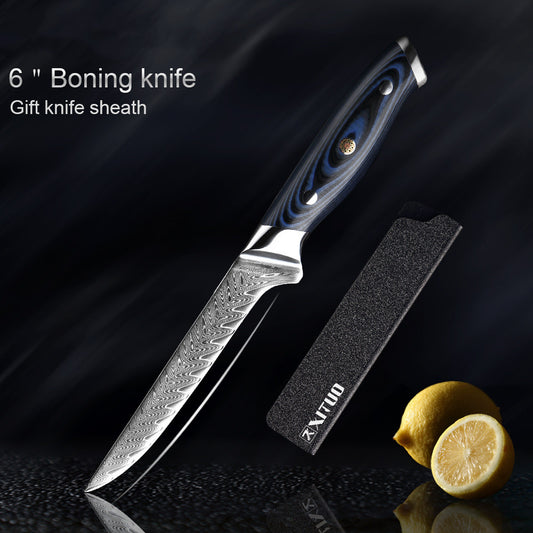 Damascus pattern kitchen knife with blue G10 handle