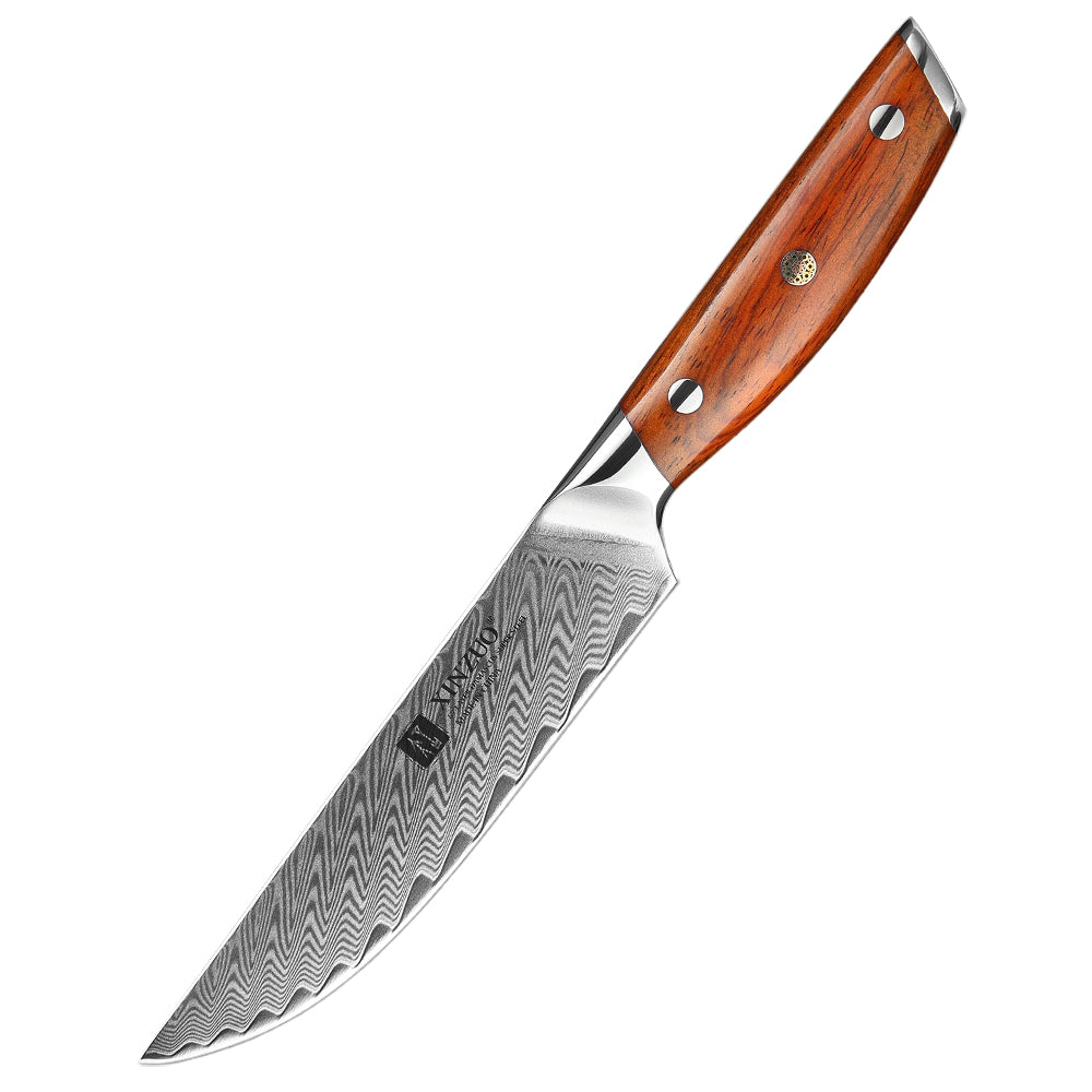 Damascus pattern steak knife with red wood handle