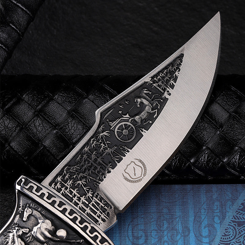 Vintage engraved pocket knife with wood inlay handle