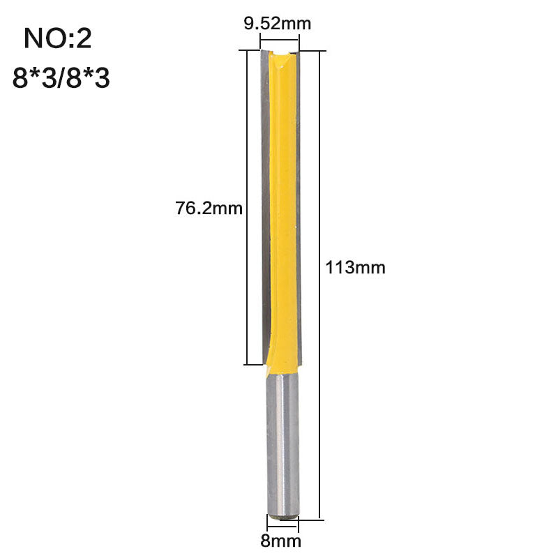 Extended straight router bit, 3/8 inch cutter, 8 mm shank
