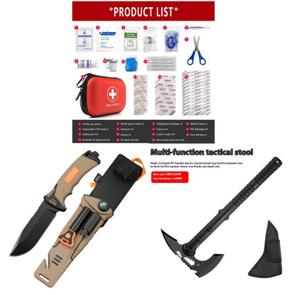 Survival kit with fixed blade knife, camping axe and first aid kit