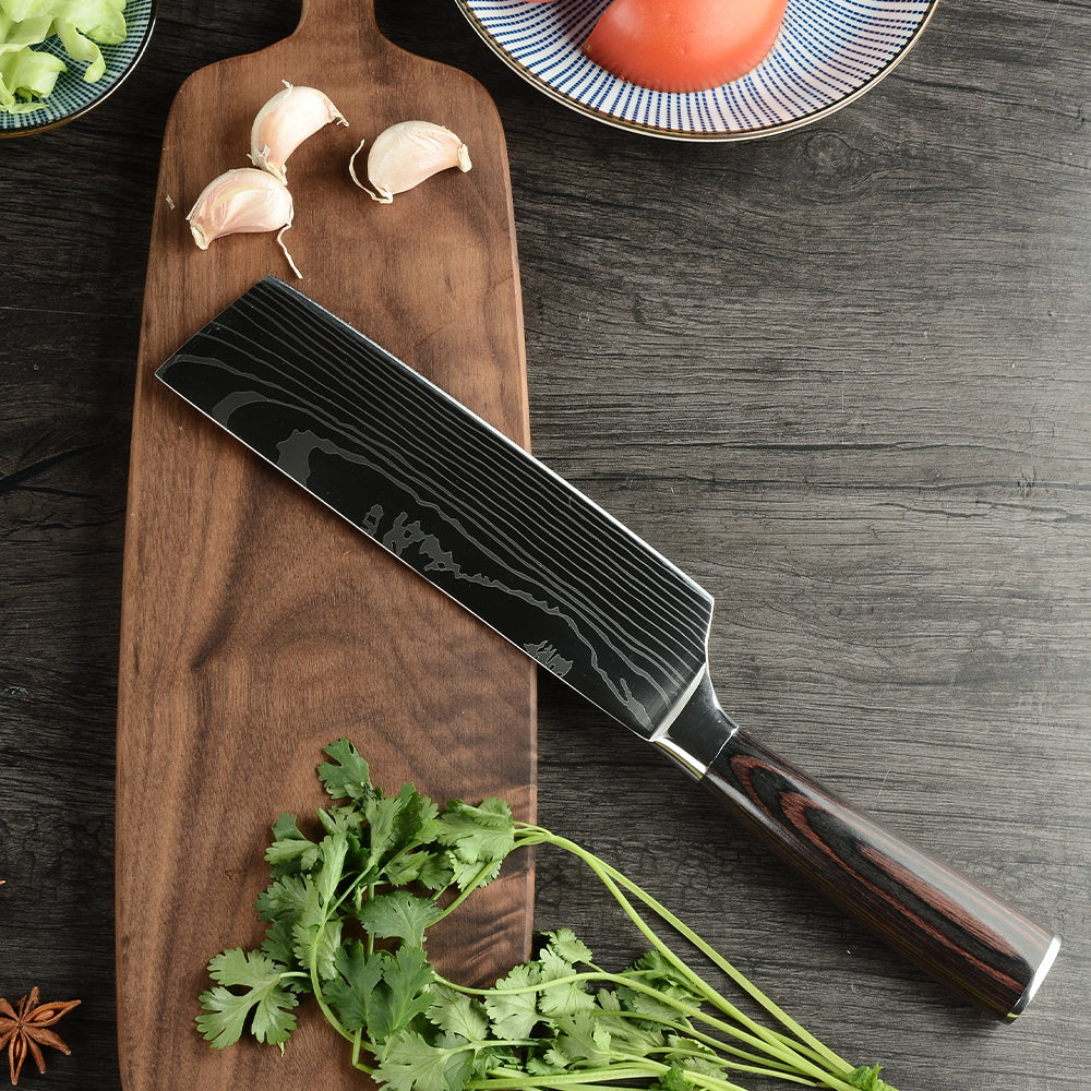 7 inch Nakiri chef knife with Damascus pattern blade and sheath