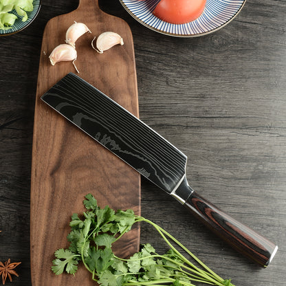7 inch Nakiri chef knife with Damascus pattern blade and sheath