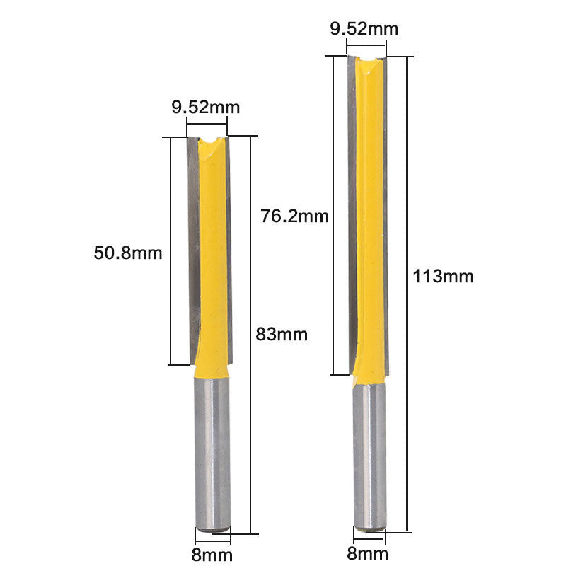 Extended straight router bit, 3/8 inch cutter, 8 mm shank