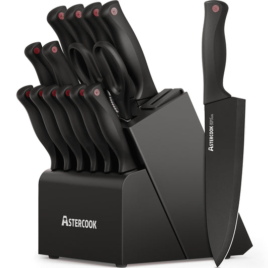 Astercook 15-Piece Kitchen Knife Set with Sharpener, Black