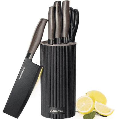Astercook 6-Piece Kitchen Knife Set with Block, Black