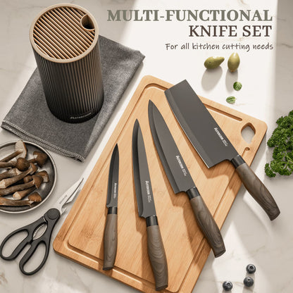 Astercook 6-Piece Kitchen Knife Set with Block, Black