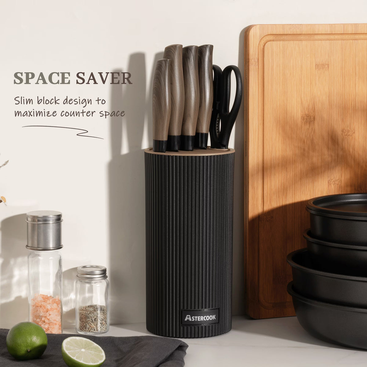 Astercook 6-Piece Kitchen Knife Set with Block, Black