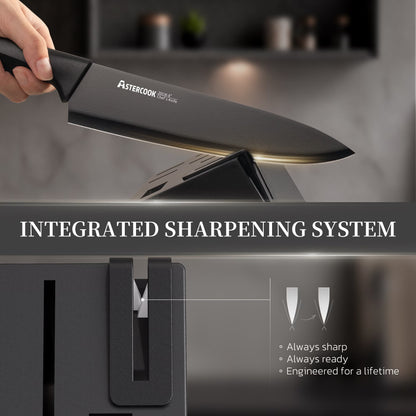 Astercook 15-Piece Kitchen Knife Set with Sharpener, Black
