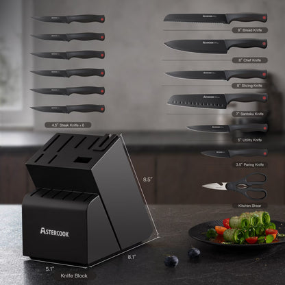 Astercook 15-Piece Kitchen Knife Set with Sharpener, Black