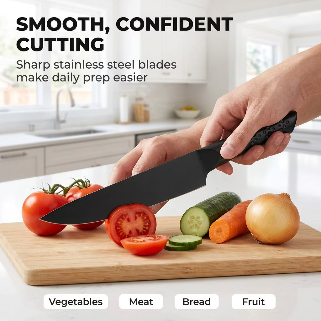 NULAS 14-Piece Stainless Steel Kitchen Knife Set, Black
