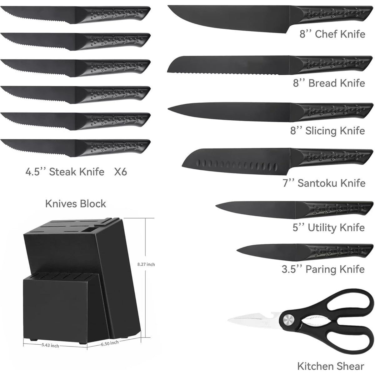 NULAS 14-Piece Stainless Steel Kitchen Knife Set, Black