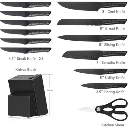 NULAS 14-Piece Stainless Steel Kitchen Knife Set, Black