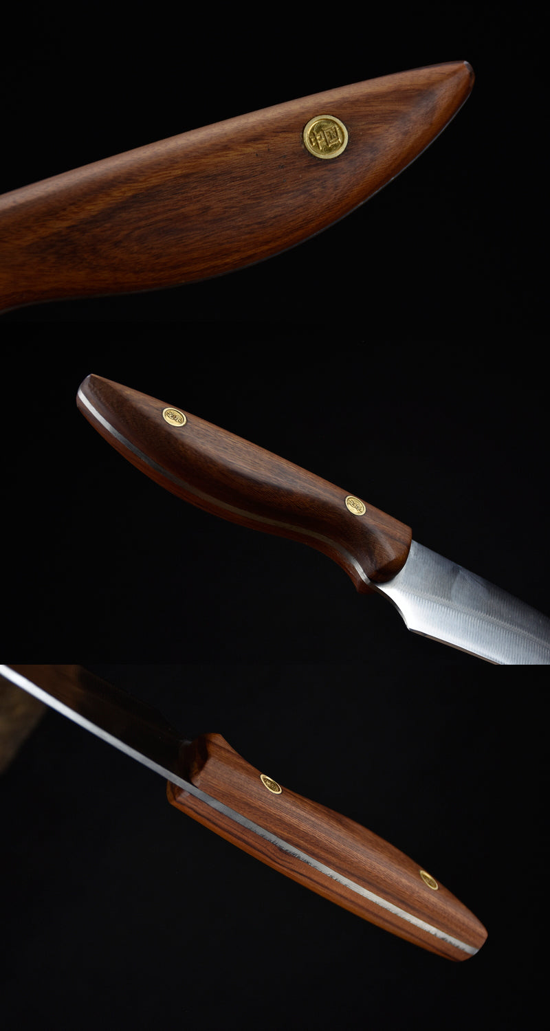 Curved fruit and carving knife with rosewood handle
