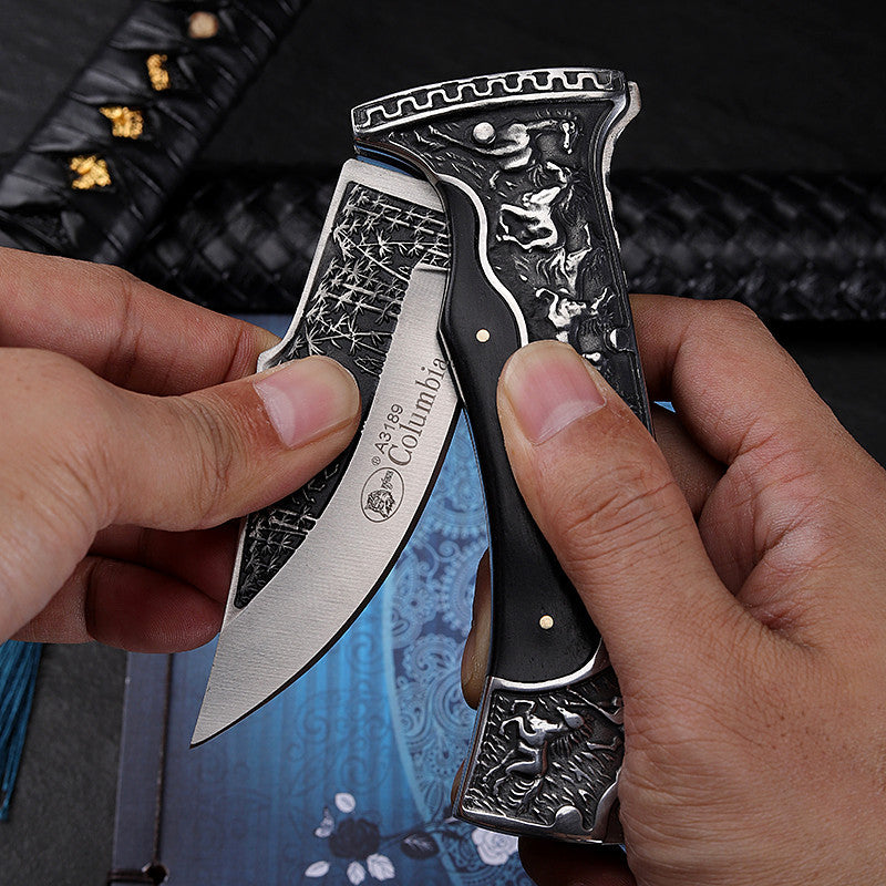 Vintage engraved pocket knife with wood inlay handle