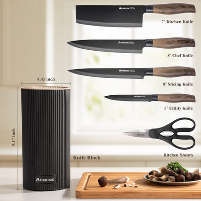 Astercook 6-Piece Kitchen Knife Set with Block, Black