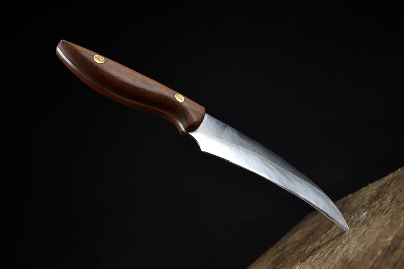 Curved fruit and carving knife with rosewood handle