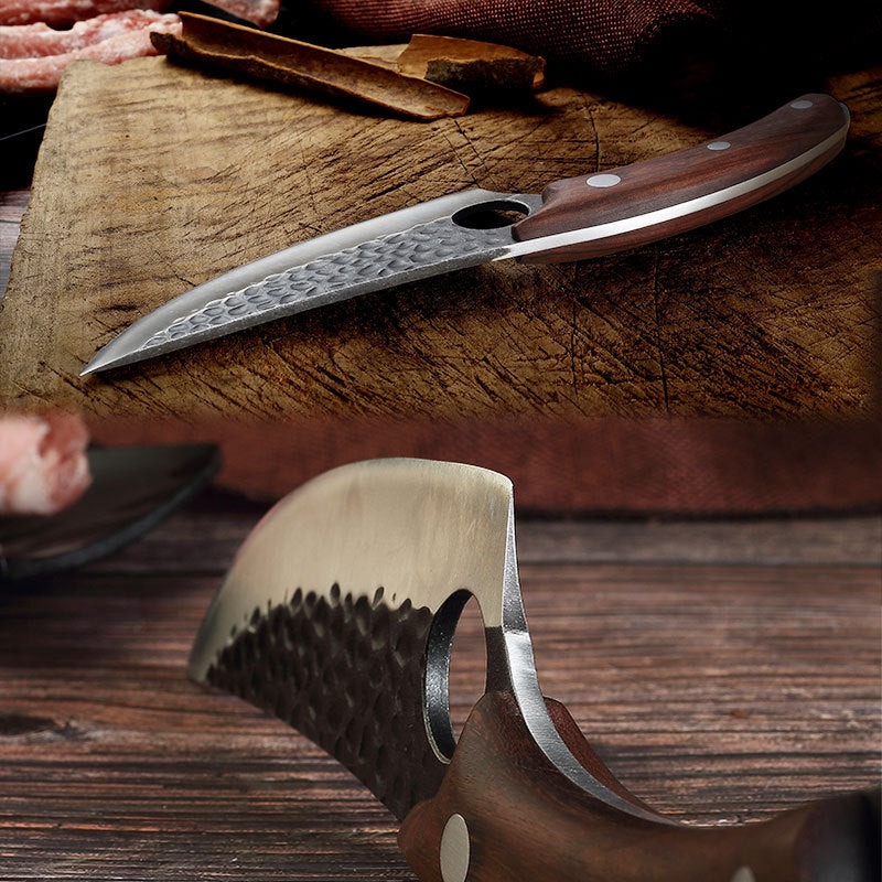 Forged meat cleaver knife with hammered blade and sheath
