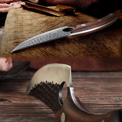 Forged meat cleaver knife with hammered blade and sheath