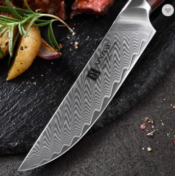 Damascus pattern steak knife with red wood handle