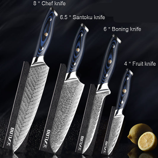 Damascus pattern kitchen knife with blue G10 handle