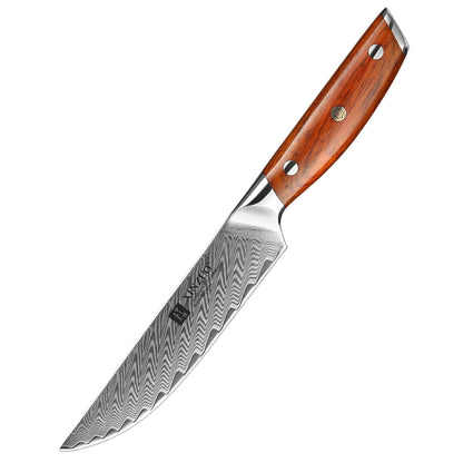 Damascus pattern steak knife with red wood handle
