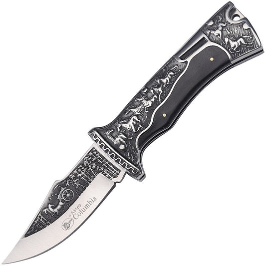 Vintage engraved pocket knife with wood inlay handle