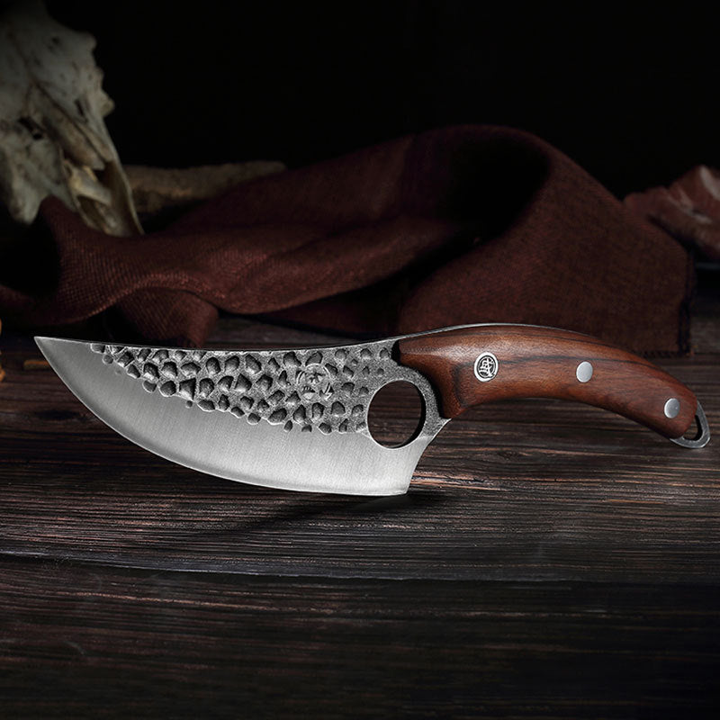 Forged meat cleaver knife with hammered blade and sheath