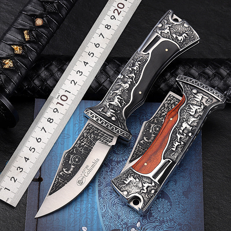 Vintage engraved pocket knife with wood inlay handle