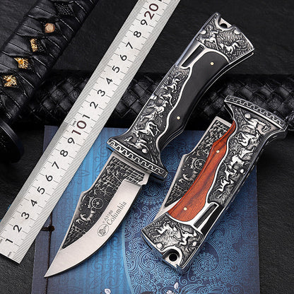 Vintage engraved pocket knife with wood inlay handle